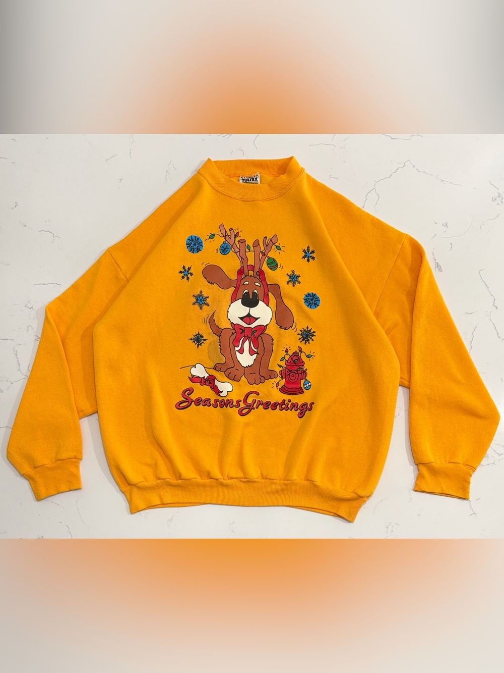 Vintage Tultex Seasons Greetings Sweatshirt Mens XL Yellow Christmas Dog